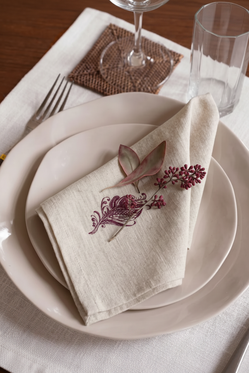Embroidery Napkin Leaf Purple (set of 4)